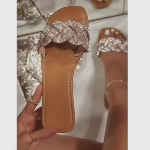 !! NEW !! Embellished Slides Sandals in Tan - Picture 1 of 5